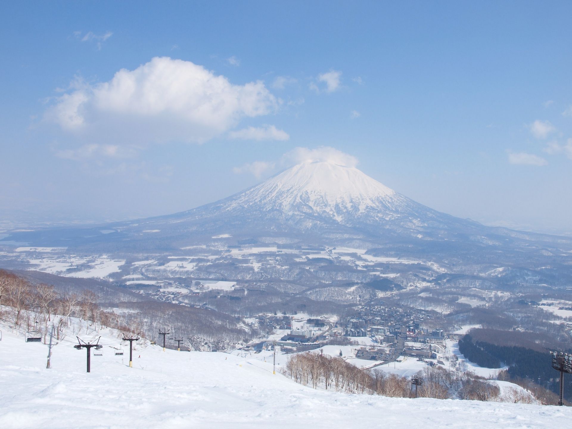 View of ski runs, chairlifts, mountain and valley from Niseko