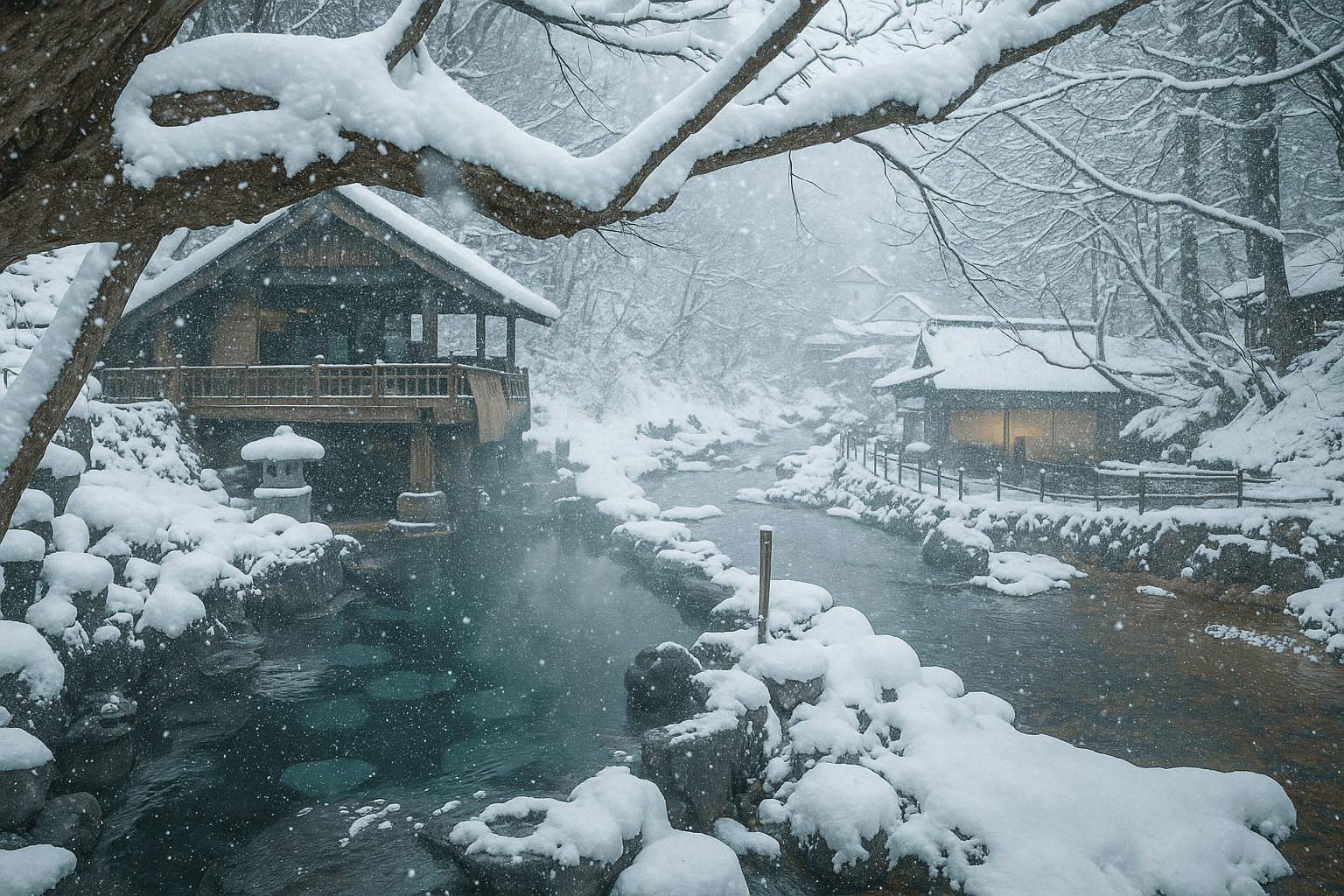 Snow falling at Takaragawa onsen - perfect after a day ripping japow.