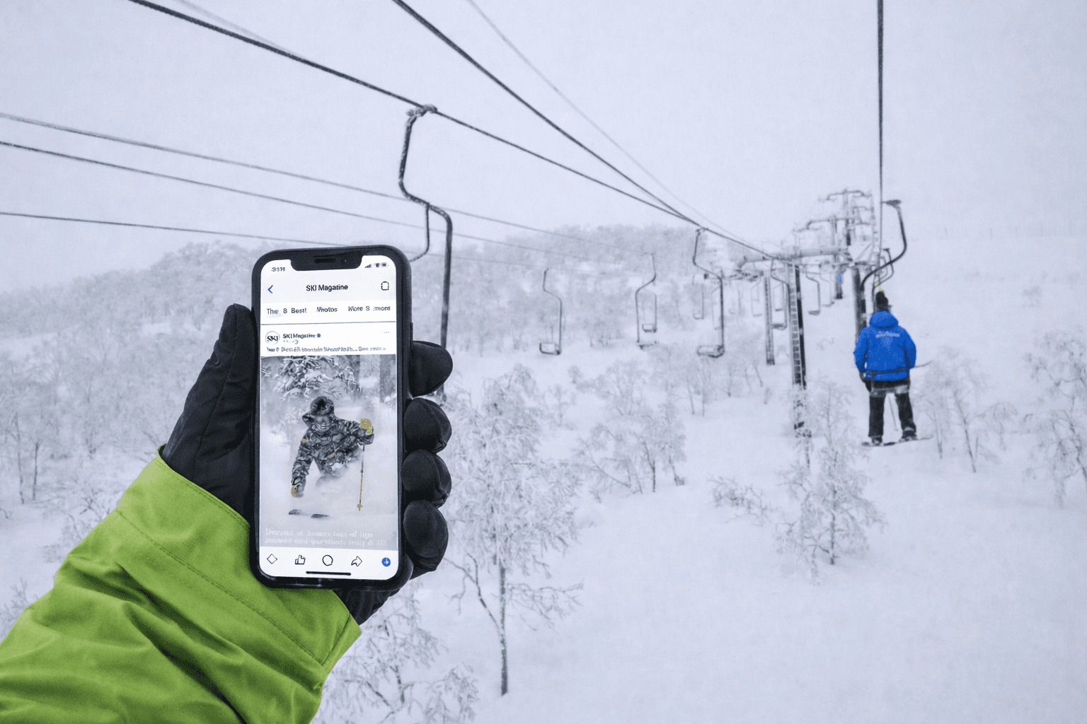 Phone connected to socials on a ski lift in Japan