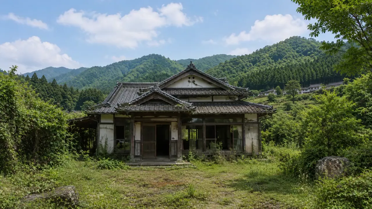 An empty, overgrown Japanese farmhouse in a mountain valley