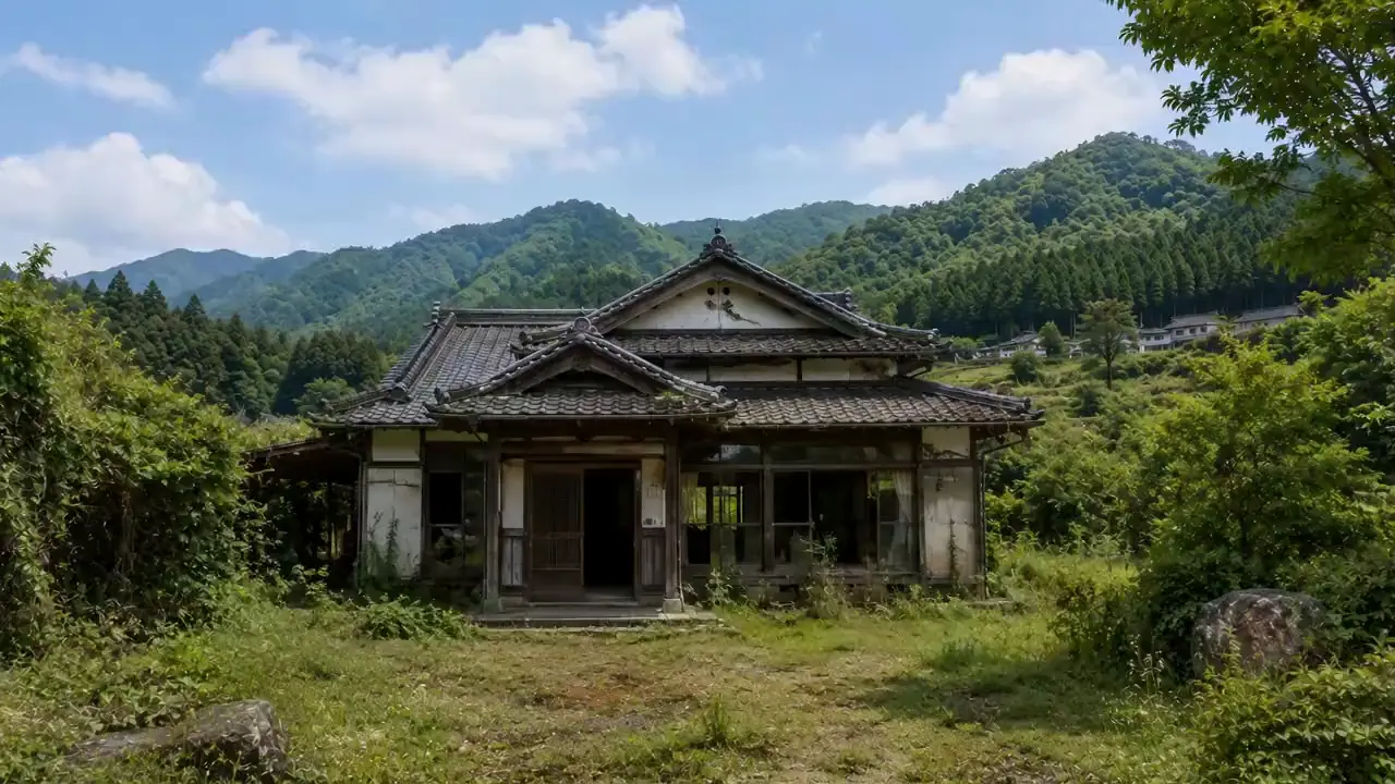 An empty Japanese farmhouse under scaffolding, mid-renovation